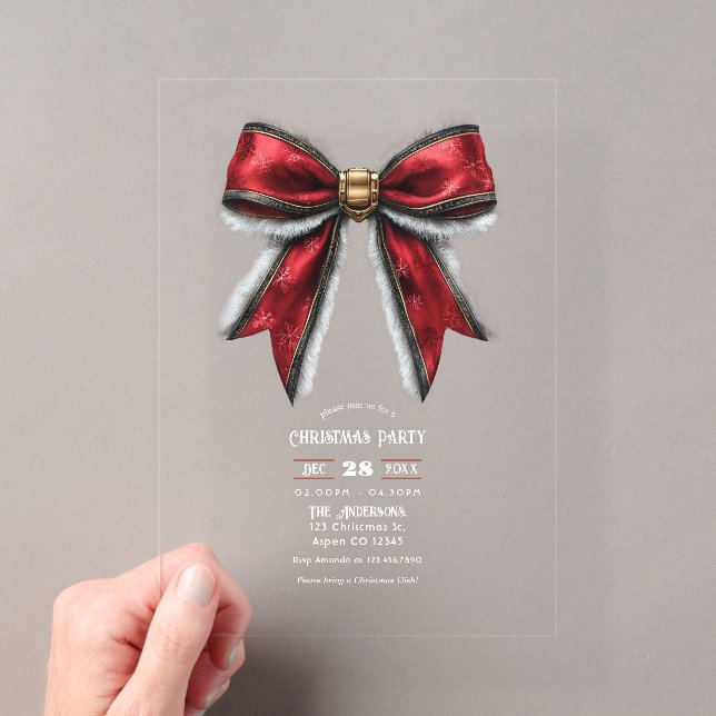 Invitations En Acrylique Transparent Élégant Nœud Rouge Fête de Noël (In situ (ordinateur de poche))