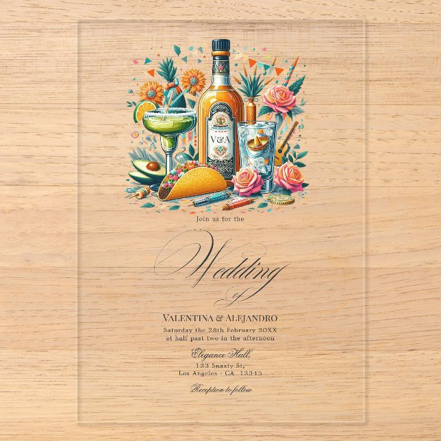 Invitations En Acrylique Transparent mexicaine Fiesta Tequila & Tacos Maria (Recto)