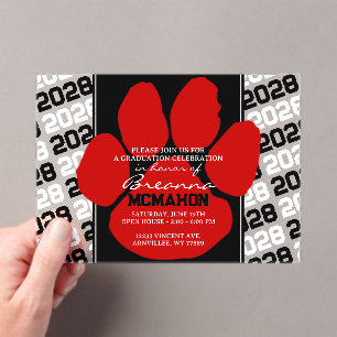 Invitations En Acrylique Trendy Red & Black Graduation Pawprint Clear
