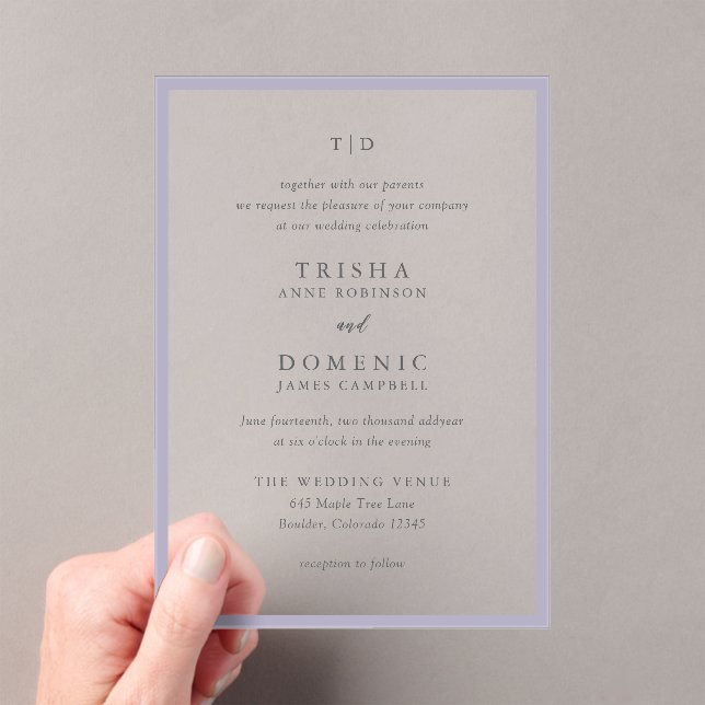 Invitations En Acrylique Trisha Lilac Mariage moderne (In situ (ordinateur de poche))