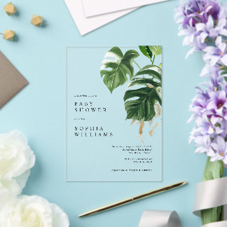Invitations En Acrylique Tropical Greenery Leaves Modern Baby Shower