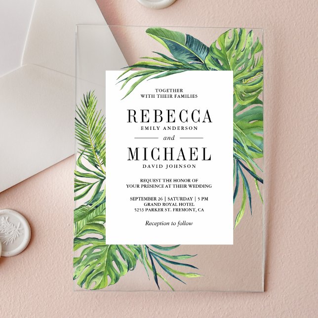Invitations En Acrylique Tropical Monstera Palm Wedding (Créateur téléchargé)