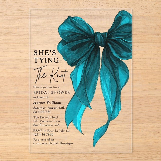 Invitations En Acrylique Tuquoise Bow She's Tying The Knot Bridal Shower (Recto)