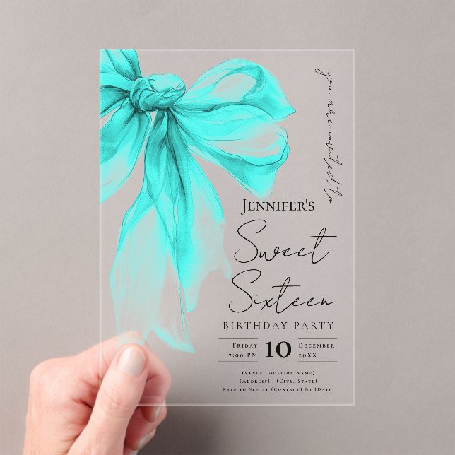 Invitations En Acrylique Turquoise Bow Coquette Script Sweet 16 Party (In situ (ordinateur de poche))