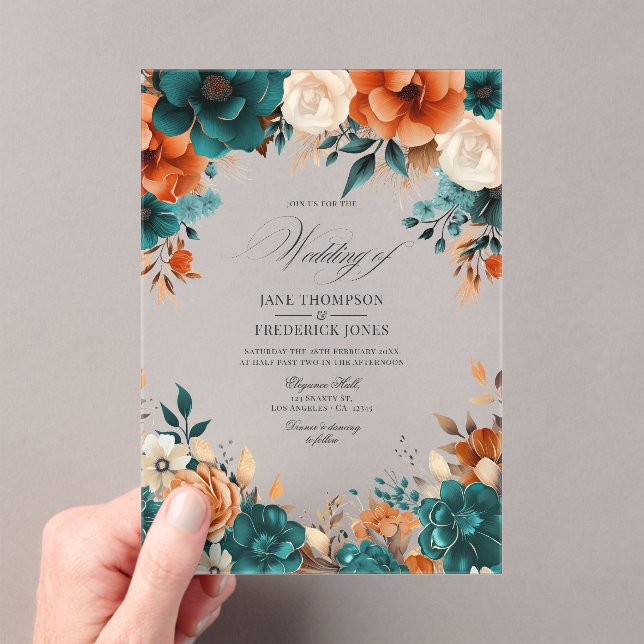 Invitations En Acrylique Turquoise, Burning Orange & Champagne Mariage Flor (In situ (ordinateur de poche))