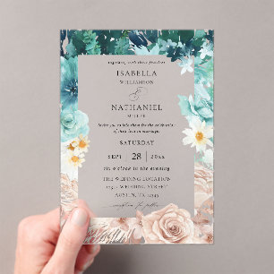 Invitations En Acrylique Turquoise et rose pâle Mariage floral 2