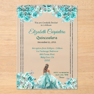 Invitations En Acrylique Turquoise Quinceañera Roses et papillons en argent