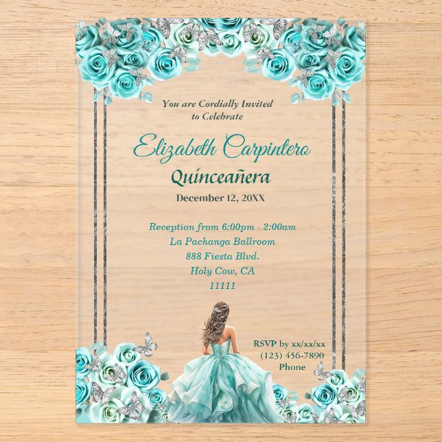 Invitations En Acrylique Turquoise Quinceañera Roses et papillons en argent (Recto)