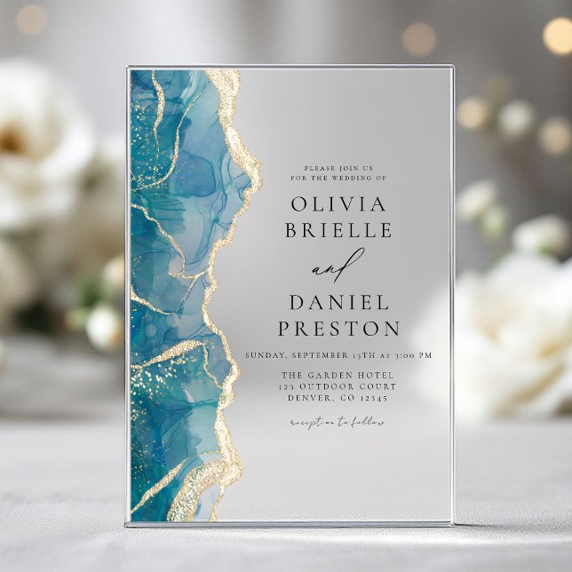 Invitations En Acrylique Turquoise Turquoise Blue Gold Agate Mariage élégan (Créateur téléchargé)