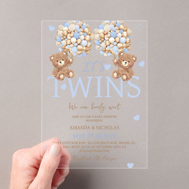 Invitations En Acrylique Twin Boys Blue Bear Baby shower (In situ (ordinateur de poche))
