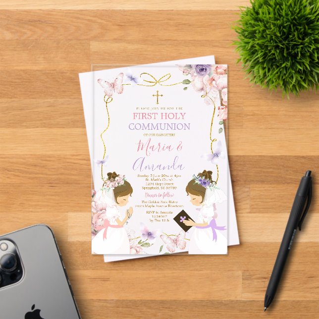 Invitations En Acrylique Twin Girl Rose Purple Papillon 1ère Sainte Communi (Insitu (Carte d'invitation))