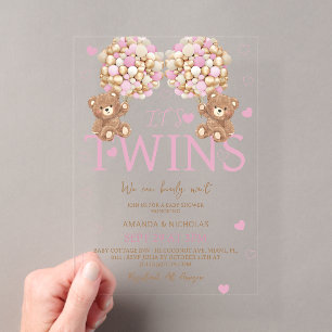 Invitations En Acrylique Twins Blush rose Ours Girls Baby shower