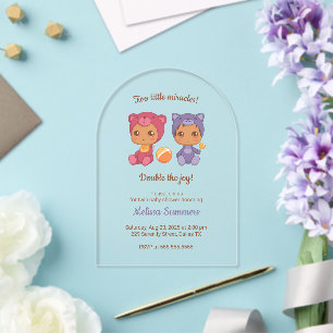 Invitations En Acrylique Twins Cat Bear Sexe Baby shower neutre