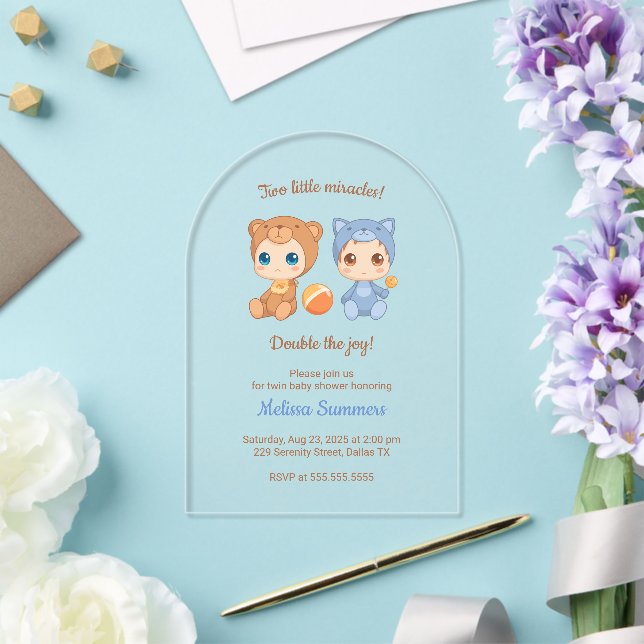 Invitations En Acrylique Twins Cat Bear Sexe Baby shower neutre (Insitu (Mariage))