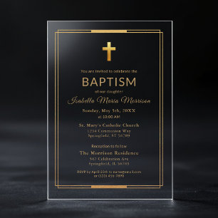 Invitations En Acrylique Typographie de script Gold Cross Chic Élégant Bapt