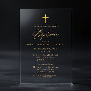 Invitations En Acrylique Typographie de script Gold Cross Chic Élégant Bapt
