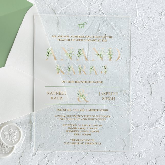 Invitations En Acrylique Typographie Feuille verte Anand Karaj Sikh Mariage (Créateur téléchargé)