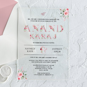 Invitations En Acrylique Typographie florale rose Anand Karaj mariage sikh