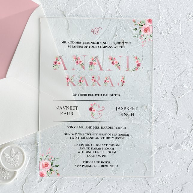 Invitations En Acrylique Typographie florale rose Anand Karaj Sikh Mariage (Créateur téléchargé)