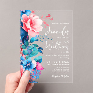 Invitations En Acrylique Typographie moderne Mariage floral rose bleu