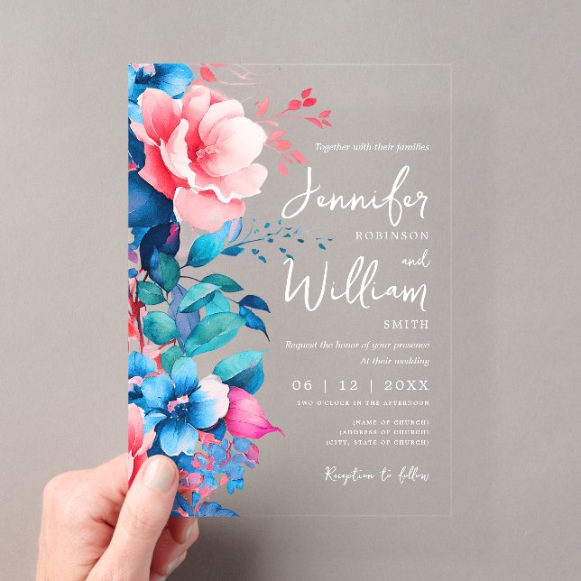 Invitations En Acrylique Typographie moderne Mariage floral rose bleu (In situ (ordinateur de poche))