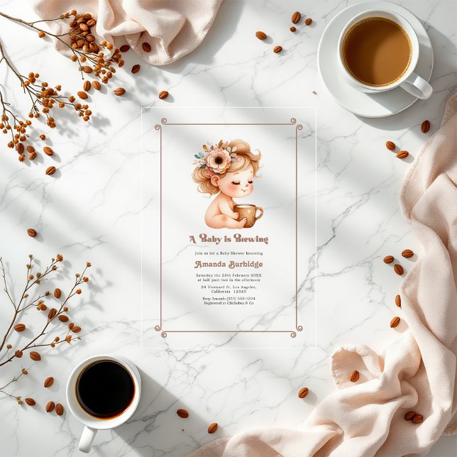 Invitations En Acrylique "Un bébé brasse" Baby shower Mocha Mousse ("A Baby is Brewing" Mocha Mousse Baby Shower Acrylic Invitations)