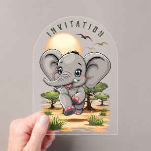 Invitations En Acrylique Un bébé éléphant qui sonne heureux dans la savane 