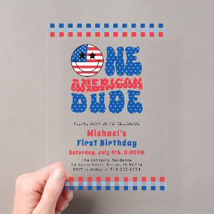 Invitations En Acrylique Un mec américain 4 juillet premier anniversaire