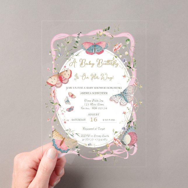 Invitations En Acrylique Un Papillon Bébé Est En Chemin De Baby shower (In situ (ordinateur de poche))