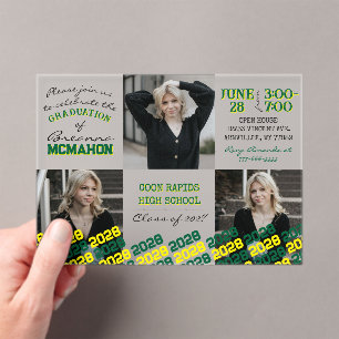 Invitations En Acrylique Unique Graduation verte et jaune 3 Photo Frosted
