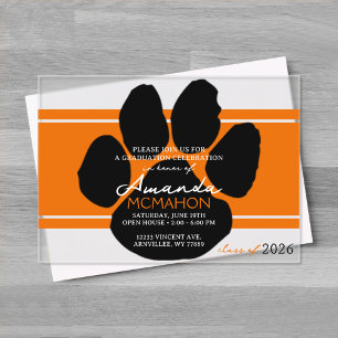 Invitations En Acrylique Unique Orange & Noir Graduation Pawprint Élégant