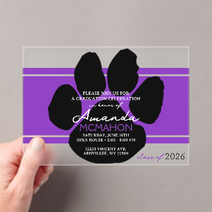 Invitations En Acrylique Unique Purple & Black Graduation Pawprint Élégant