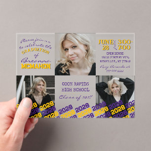 Invitations En Acrylique Unique Purple & Gold Graduation 3 Photo Frosted