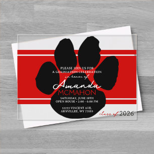 Invitations En Acrylique Unique Red & Black Graduation Pawprint Élégant