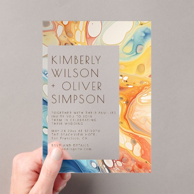 Invitations En Acrylique Vagues de mer Abstraite et pierres de sable Mariag (In situ (ordinateur de poche))