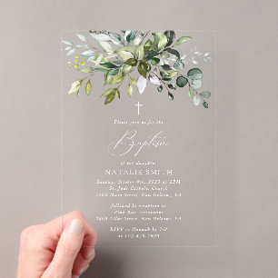 Invitations En Acrylique Végétation, feuilles d'eucalyptus, Boho, Baptême