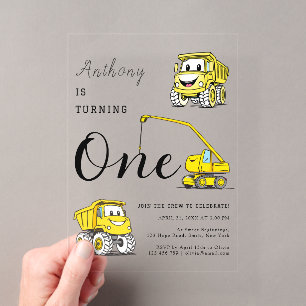 Invitations En Acrylique Véhicules drôles de construction Garçons 1er anniv