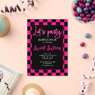 Invitations En Acrylique Vérificateur rose chaud noir blanc Faisons la fête