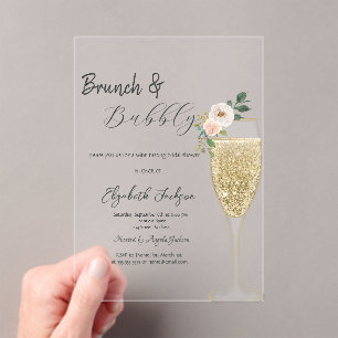 Invitations En Acrylique Verre à champagne Fleur blanche Brunch et bulles 
