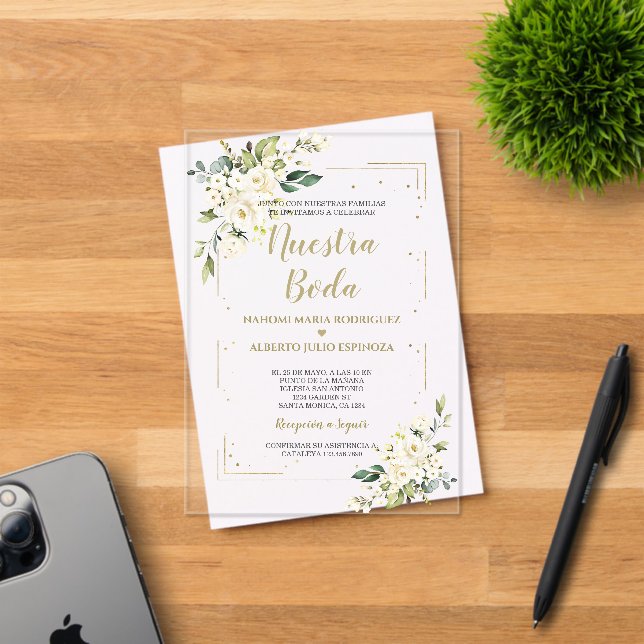 Invitations En Acrylique Verre blanc Floral Or Nuestra Boda Calligraphie (Insitu (Carte d'invitation))