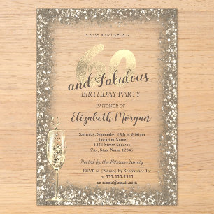 Invitations En Acrylique Verre de Champagne de luxe Gold Confetti Frame 60e