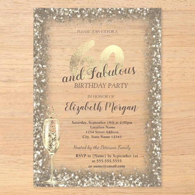 Invitations En Acrylique Verre de Champagne de luxe Gold Confetti Frame 60e (Recto)