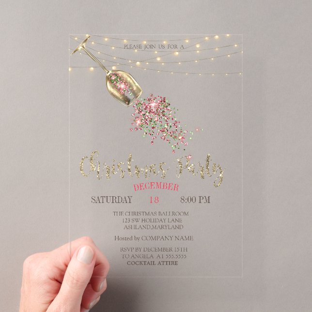 Invitations En Acrylique Verre de Champagne, Lumières Gold Christmas Compan (In situ (ordinateur de poche))
