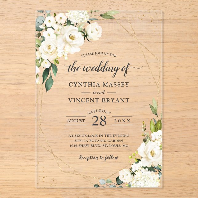 Invitations En Acrylique Vert Blanc Floral Or Mariage géométrique (Recto)
