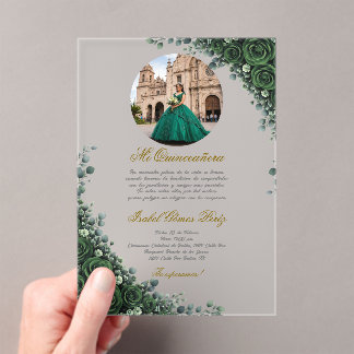 Invitations En Acrylique Vert émeraude floral Quinceanera avec photo 