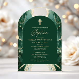 Invitations En Acrylique Vert émeraude Or Agate Baptême Moderne Élégant