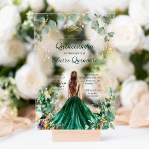 Invitations En Acrylique Vert émeraude Or Fleur Princesse Quinceanera