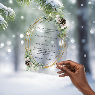 Invitations En Acrylique Vert pin cône or cadre mariage clair