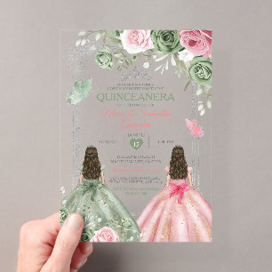 Invitations En Acrylique Vert Sauge Et Papillon Twin Quinceañera Rose