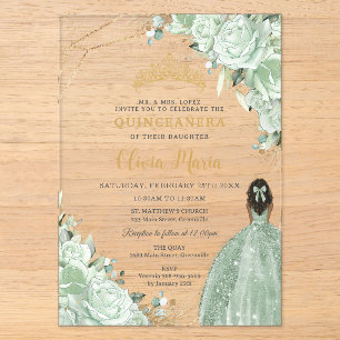 Invitations En Acrylique Vert sauge floral marron princesse or Quinceañera